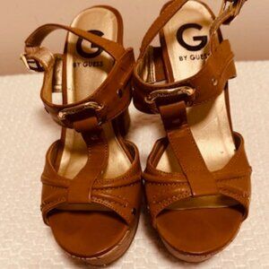 G by Guess Cork Platform Heel Sandals Tan Buckle Strap EUC Worn Once